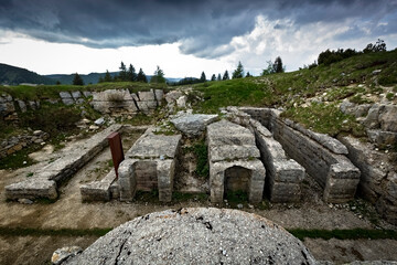 Concrete remains of the battery block of Fort Campomolon. Arsiero, Veneto, Italy.