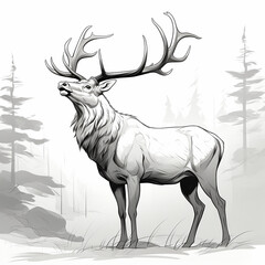pencil sketch of a large bull elk in the forest