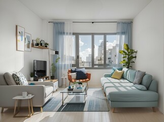 apartment living room with views of urban buildings