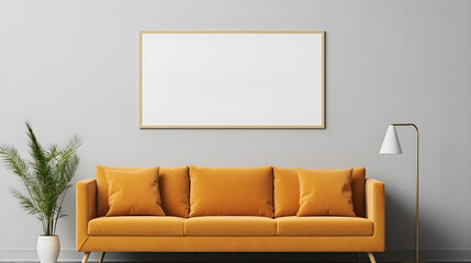 Blank horizontal poster frame mock up in living room interior, modern living room interior background
