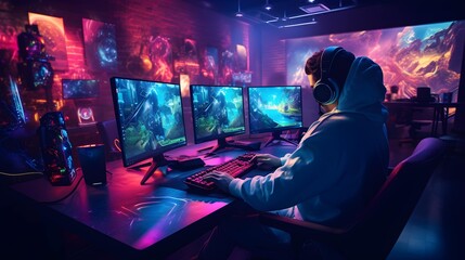 Fototapeta na wymiar A professional esports player is playing an online game at an esports venue. Generative AI