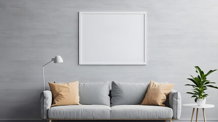 Blank horizontal poster frame mock up in living room interior, modern living room interior background