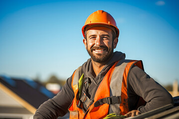 Portrait of a Roof construction worker working on a roof, adorned in safety gear and sky in the background - obrazy, fototapety, plakaty