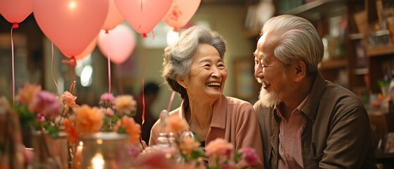 Asian women and older men laugh and smile while congratulating each other on their birthdays at the senior creche..