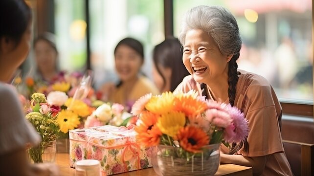 Asian women and older men laugh and smile while congratulating each other on their birthdays at the senior creche..