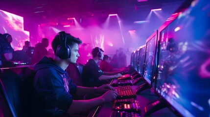 Young professional esports players are focused on gaming at esports venues. Generative AI