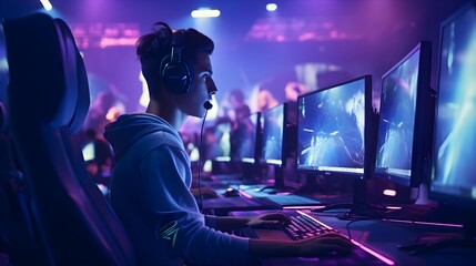 A professional esports player is playing an online game at an esports venue. Generative AI - obrazy, fototapety, plakaty