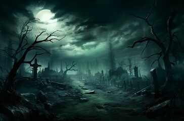 Fototapeta premium Creepy landscape with full moon over the spruce trees of mystery night forest. Halloween backdrop