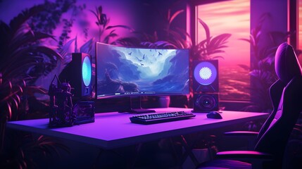A gaming computer for e-sports in the near future. Room with purple neon lights. Generation AI.