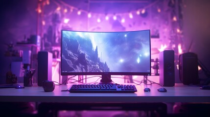 A gaming computer for e-sports in the near future. Room with purple neon lights. Generation AI.