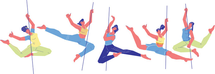 Pole or pylon dancers female characters in sportswear, vector illustration isolated on white background. Pole dance gymnastic and fitness sport training. - obrazy, fototapety, plakaty