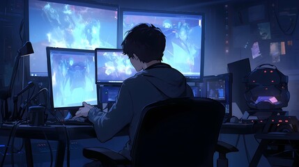 Anime boy editor is editing the video at the computer. Generation AI.