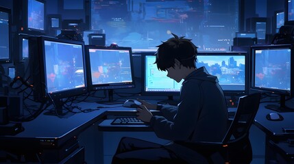 Anime boy editor is editing the video at the computer. Generation AI. - obrazy, fototapety, plakaty