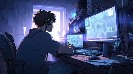 Anime boy editor is editing the video at the computer. Generation AI.