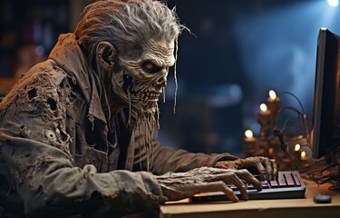 a terrifying zombie working on a computer while using a laptop at a desk..