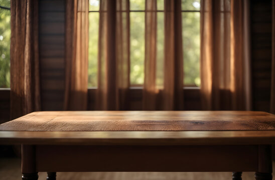 Empty wooden table in front of window with brown curtain background, counter mockup, can be used for display or montage your products, Mock up your products, interior, ideas.