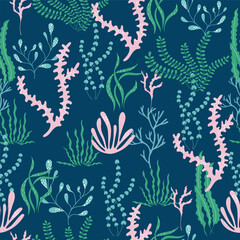Bright seamless pattern with hand drawn underwater plants. Wavy seaweeds and corals vector design on blue background. 