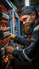 Obraz premium Man performing electrical repair at a switchboard with fuses.