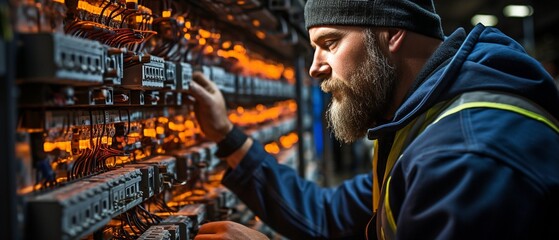 Fototapeta na wymiar Man performing electrical repair at a switchboard with fuses.