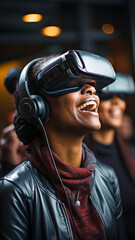 Black woman using virtual reality headset to play video games in living room with mixed-race group of people watching,. - obrazy, fototapety, plakaty