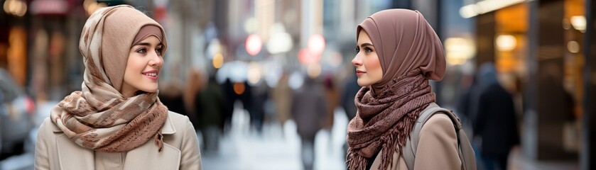 Hijabi-clad Muslim woman in downtown street.