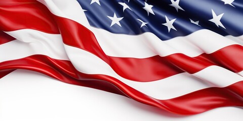 United States flag waving on white background, copy space