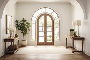 Fototapeta premium Luxury Minimalist Home Interior with Modern Architecture and Spacious Entrance. Arch Doorway and With Elegant Flooring