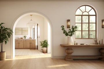 Spacious and Luxurious Home with Architectural Arches and Abundant Natural Light. Doorway Looking Into Kitchen Interior with Large Organic Wood Console Table