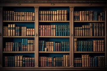 Glimpse into history. Aged literature on antique wooden shelves. Library of knowledge. Rows of vintage books await curious minds. Art of learning. Archive of old book in scholarly haven - obrazy, fototapety, plakaty