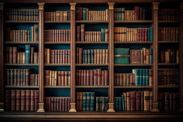 Glimpse into history. Aged literature on antique wooden shelves. Library of knowledge. Rows of vintage books await curious minds. Art of learning. Archive of old book in scholarly haven