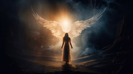 Angel, the messenger of God. Woman under wings with a night sky background - obrazy, fototapety, plakaty
