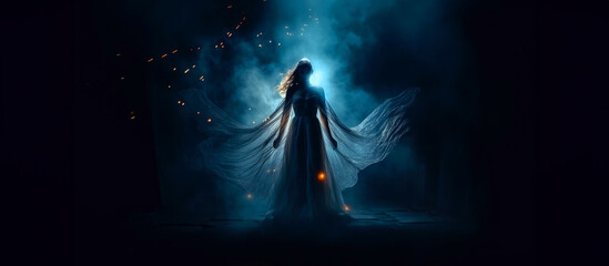 Angel, the messenger of God. Woman in blue light her dress forming wings with a night sky background