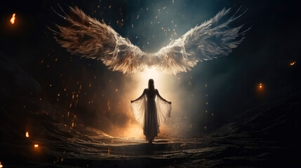 Angel, the messenger of God. Woman spreading her arms under wings with a night sky background