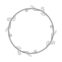 Abstract Black Simple Line Round Circle With Leaf Leaves Frame Flowers Doodle Outline Element Vector Design Style Sketch Isolated Illustration For Wedding And Banner