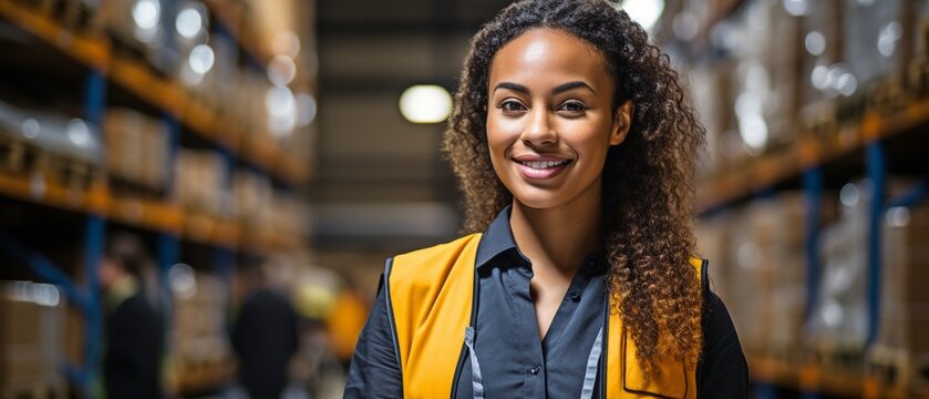 A female warehouse worker is taking notes.. - Powered by Adobe