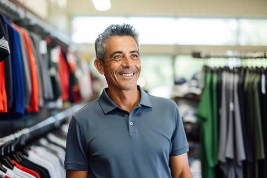 Portrait Of Hispanic Older Man Smiling In Golf Store 
