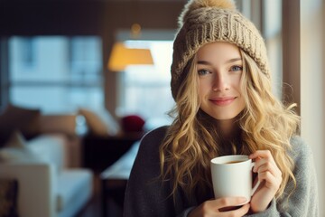 Happy young woman drinking a cup of tea in an autumn morning. Dreaming girl sitting in living room with cup of hot coffee. Pretty woman wearing winter hat at home. - Powered by Adobe