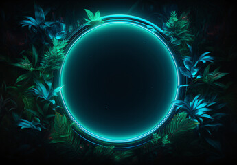 circular frame with neon lights and leaves on dark background, in the style of light sky green blue and dark azure