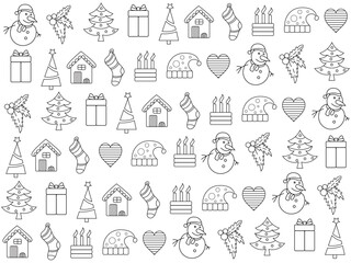 Christmas icon set with snowflakes, hats, star, Christmas tree, balls, orange, sock, gift, drink and garlands. Vector icons for business and holidays