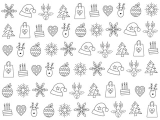 Christmas icon set with snowflakes, hats, star, Christmas tree, balls, orange, sock, gift, drink and garlands. Vector icons for business and holidays