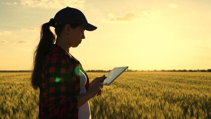 Business woman farmer working on farm with digital tablet in agriculture. Farmer woman with...