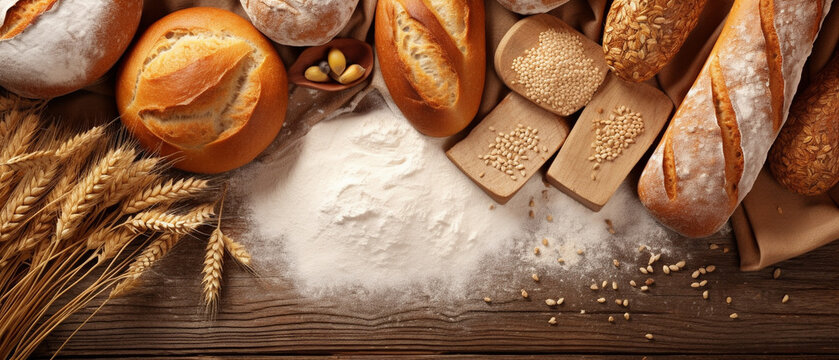 Assortiment de pain, bl&eacute;, graine et farine sur du bois 