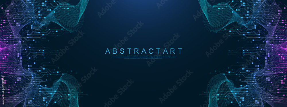 Fototapete Quantum technologies concept. Deep learning artificial intelligence. Circuit board texture background design. Big data algorithms visualization. Neural networks. Vector illustration.