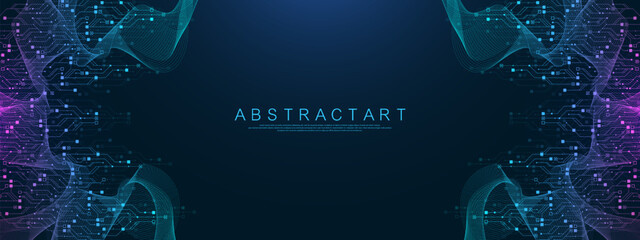 Quantum technologies concept. Deep learning artificial intelligence. Circuit board texture background design. Big data algorithms visualization. Neural networks. Vector illustration.