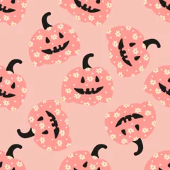 Gordijnen Pink pumpkin with flowers and candy corn. Halloween seamless pattern for wrapping paper, fabrics and kids clothes © Iryna