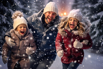 Happy family playing in fresh snow and building snowman at beautiful sunny winter day outdoor in nature. - obrazy, fototapety, plakaty