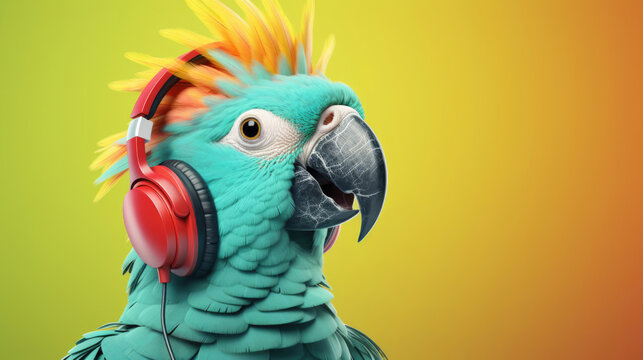 A festive parrot wearing sunglasses and headphones,  perched and singing