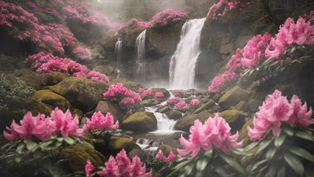 waterfall and flowers foggy forest