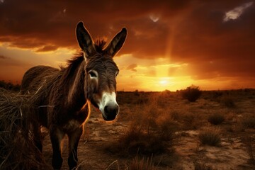 Donkey field sunset. Cute summer rural. Generate Ai