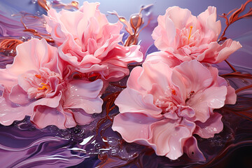 Pink and violet peonies still life acrylic painting with water splash background. AI Generative